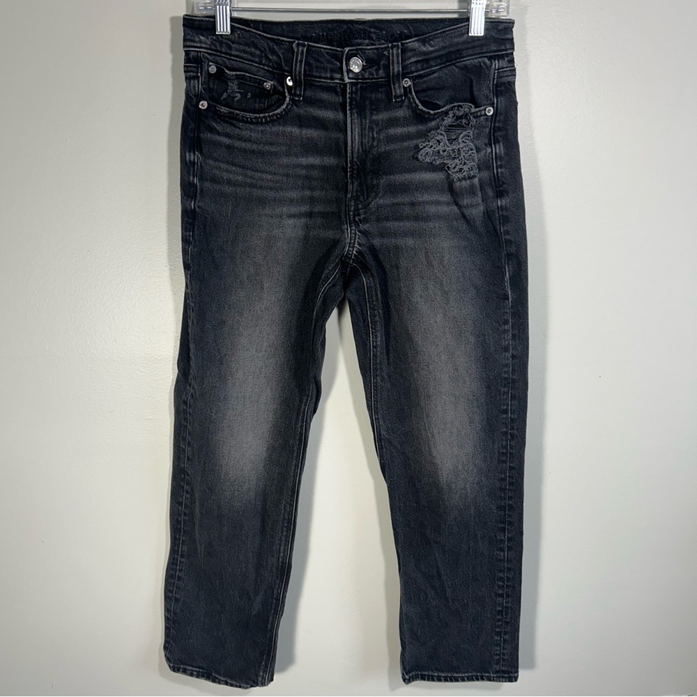 American Eagle Super High Rise Ankle Straight Black Jeans Distressed 29.5” Waist